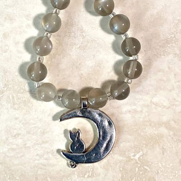 Dark Moonstone Silver Cat on the Moon Short Necklace, Genuine Gemstone Choker - Picture 6 of 11